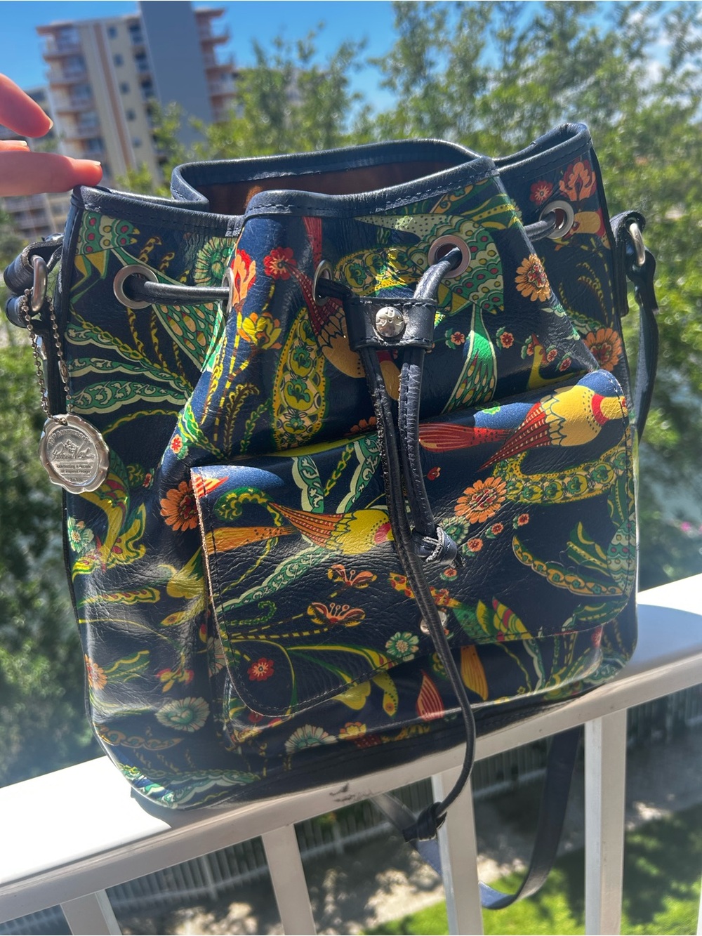 Patricia Nash Navy Multicolor Floral & Bird Drawstring Bucket Bag